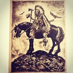 a drawing of a native american man on a horse with birds in the sky behind him