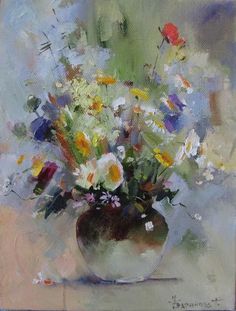 a painting of flowers in a vase on a table