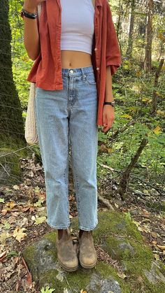 fit pic  granola girl , granola girl vibes , hiking , hiking girl , granola outfitinspo , camping outfits , granola inspo , granola girl hair , hiking boots , nature , nature girl , nature walks Button Up Shirt Outfit Granola, Hikecore Aesthetic Outfit, Spring Blundstone Outfit, 90s Granola Aesthetic, Blundstone Outfit Aesthetic, Granola Casual Outfits, Earthy Granola Aesthetic, Indie Outfits Spring, Spring Outfits Indie