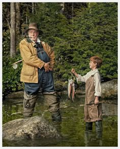 an older man and young boy standing in the water