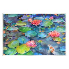 a painting of water lilies and fish in a pond