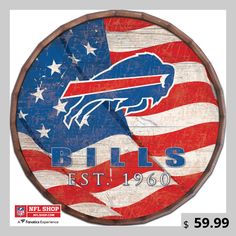 a wooden sign with the buffalo bills logo on it