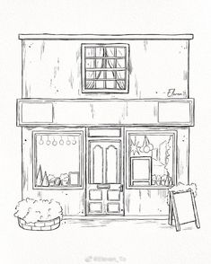 a black and white drawing of a store front with an open window on the second floor