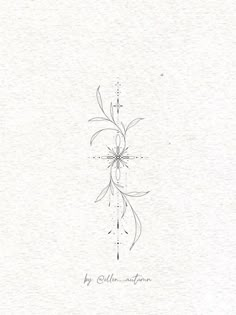 an ink drawing of a cross with flowers on the front and back side, in white paper