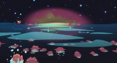 an animated scene with people standing on the ice and stars in the sky above them