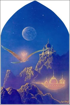 an image of a castle in the sky with birds flying over it and mountains below