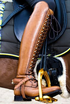 a close up of a horse's boots and saddle