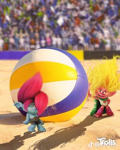 two cartoon characters are playing with a beach ball