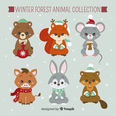 four cute animals wearing winter clothes and hats, one is holding a cup in his hand