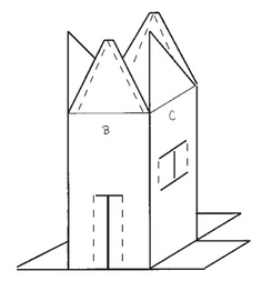 a drawing of a house with three levels and two floors, in the shape of a castle