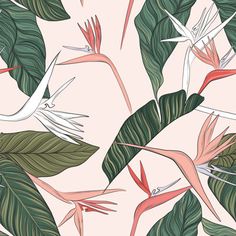 birds and tropical leaves on a light pink background with white storks in flight