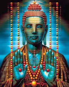 an image of buddha with beads on his head and hands in front of the face