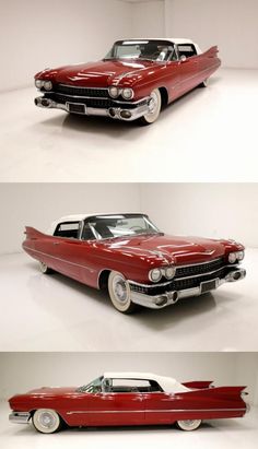 three different views of an old red and white car