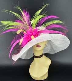 "✿*.Key Features.*✿ If you are looking for a floopy wide brim hat, here is it. It has magic brim, you can make any shape brim as you want by a steamer. Certainly it will keep its shape for long time. This is a very stunning and beautiful hat. You can see the detail! With matching veil, feather flower, mixed long feathers. It's a custom-made hat, if you want different color veil, feather flower, feathers, please contact Anna. Great for Kentucky derby, weddings, church, Easter, Royal Ascot, horse Pink Carnival Costume Hats, Pink High Crown Costume Hat For Party, Multicolor Summer Wedding Headpiece, Whimsical Hats For Wedding And Carnival, Whimsical Wedding Hat For Carnival, Whimsical White Hat For Parties, Whimsical Pink Hat For Carnival, Pink High Crown Mini Hats For Party, Multicolor Wedding Headpiece For Kentucky Derby