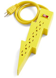 a yellow power strip with two plugs attached to it and an extension cord in the shape of a lightning