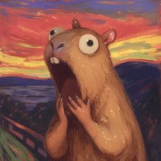 a painting of a brown bear holding an apple in front of a colorful sky with clouds