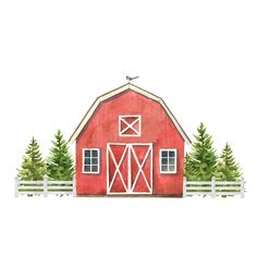 a watercolor painting of a red barn with trees in the foreground and a white fence around it