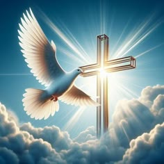 a white dove flying over a cross in the sky