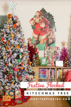 a christmas tree and other holiday decorations in a living room with the words festive hooked kitschmas tree