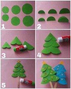 the steps to make a paper christmas tree with glue on top and green circles around it