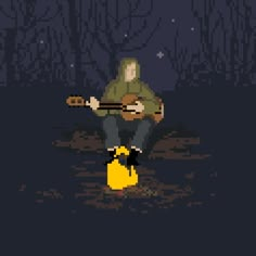 a pixellated image of a man with a duck in the woods at night holding a guitar