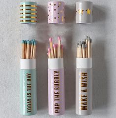 Cute and funny matches perfect for any celebration! The perfect complement when gifting from our large selection of candles 1-in. round x 4-1/2-in. h tube matchbox with long safety matches Three different sayings (each sold separately): Today is the Day Pop the Bubbly Make a Wish Candle Packaging Design, Homemade Scented Candles, Soya Mumu, Desain Pantry, Fotografi Vintage, Candle Matches, Safety Matches, Candle Branding, Candle Aesthetic