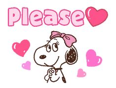 a cartoon dog with hearts and the words please written in pink on a white background