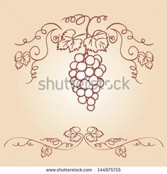 a bunch of grapes hanging from a vine with leaves and vines around it on a beige background