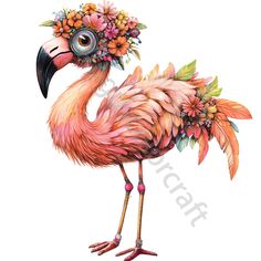 a flamingo with flowers on its head is standing in front of a white background