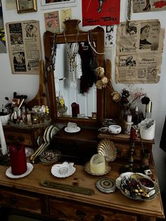 an old dresser with many items on it