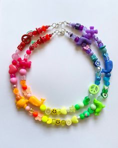 🍧🌈Rainbow Sherbet Necklace🌈🍧 FREE SHIPPING You will receive one necklace like those similar to pictures. Bead pattern will be a rainbow of color. Made to order and beaded by me with luvvv <3 Strung on strong cord with a mixture of bright, random, and fun beads similar to picture. Lobster clasp closure. Each necklace is unique and no necklace looks exactly alike. Retro Beaded Necklace, Rainbow Jewelry Necklaces, Bright Color Jewelry, Rainbow Necklace Jewelry, Rainbow Beads Necklace, Plastic Bead Necklace, Pride Beaded Necklace, Rainbow Bead Necklace, Random Bead Necklace