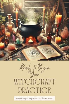 an open book with candles and books on the table in front of it, reads ready to begin your witchcraft practice