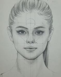 a pencil drawing of a woman's face with lines on it