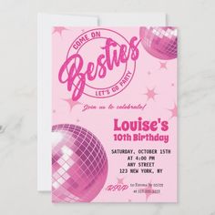 a pink birthday party card with disco balls