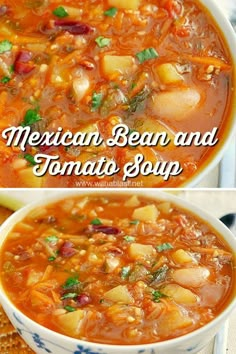 mexican bean and tomato soup is shown in two different bowls, with the title above it