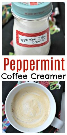 peppermint coffee creamer in a white cup with the text peppermint coffee creamer