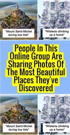 four different pictures with the words people in this online group are sharing photos of the most beautiful places they've discovered