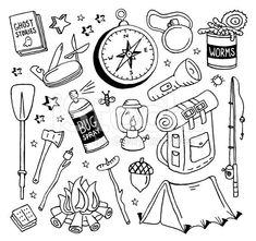 hand drawn camping doodles and icons in black and white stock photo, royalty