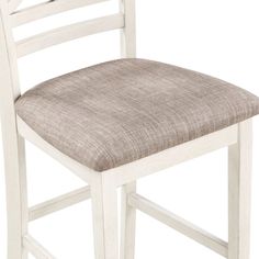 a white wooden bar stool with a brown seat pad on the bottom and backrest