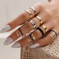 3 For $30! Bundle 3 Jewelry Items Marked “3/$30” And I’ll Send A $30 Offer! 14-Piece Minimalist Midi Rings Set Features Silver, Gold, & Black Rings Ranging From 0.6" To 0.7". A Great Variety For Any Outfit! Condition: Brand New! ** Please Ask Questions Prior To Purchase. ** Offers And Bundles Welcomed Smoke-Free, Pet-Free Home Ships Within 24 To 48 Hours Hand Jewelry Rings, Midi Ring Set, Stackable Ring Sets, Ring Sets Boho, Cheap Rings, Junk Jewelry, Gold Rings Stackable, Dope Jewelry, Midi Rings