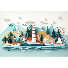 Paper Art Coastal Scene1 Poster Print - Ray Heere-VARPDXRAYHEE288502 Image 1 Paper Art Christmas, Kraft Paper Art, Paper Relief, Illustrations Ideas, Watercolor Travel, Relief Art, Paper Cutout Art, Annual Reports, Clay Sculpture