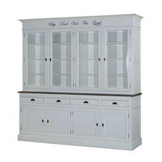 a white china cabinet with glass doors and drawers on the top, side by side