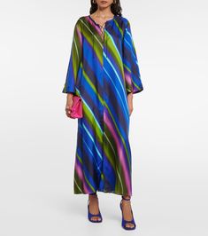 Citylight Stripes silk-twill midi dress in multicoloured - Dorothee Schumacher | Mytheresa Multicolor Silk Midi Dress For Evening, Chic Multicolor Viscose Midi Dress, Multicolor Silk Midi Dress For Summer, Elegant Multicolor Viscose Midi Dress, Summer Multicolor Silk Midi Dress, Chic Spring Vacation Silk Dress, Chic Silk Dress For Spring Vacation, Silk Long Sleeve Vacation Dress, Long Sleeve Silk Vacation Dress