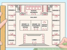 two hands are holding a ruler and pointing at a classroom floor plan