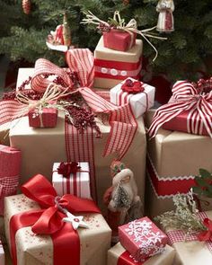 several pictures of presents wrapped in red and white paper with bows, tags, and ribbons