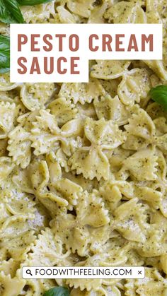 pasta with pesto cream sauce and basil leaves in the background text overlay reads pesto cream sauce