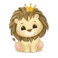 a cartoon lion with a crown on its head sitting next to a white background and looking at the camera