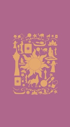 the silhouettes of people, animals and other things are arranged in an intricate pattern