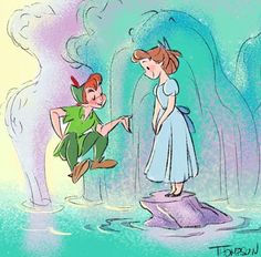 tinkerbell and peter panter meet in the water with each other as if they were talking