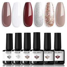 Modelones Gel Nail Polish 6 Colors Nude Gel Polish Pure White Glitter Brown Burgundy Red Champagne Gold Silver Fall Winter Nail Art Design Kit Basic Soak Off U V Gel Manicure DIY Salon at Home Gifts21.99 #Beauty Brown Nail Polish, Gold Glitter Nails, Fall Gel Nails, Gel Nail Kit, Nail Polish Set, Nail Polish Kits, Gel Nail Polish Set, Nail Polish Sets, Brown Nails